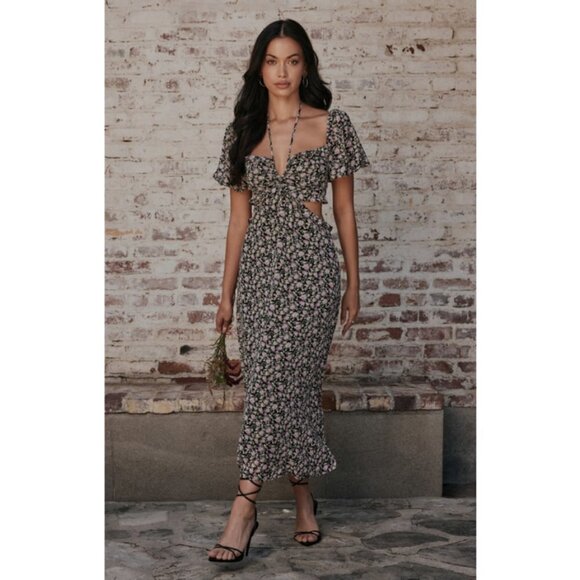 💕ASTR💕 Floral Ruffle Cutout Midi Dress ~ Black Lilac Ditsy Medium M NWT - Picture 7 of 16